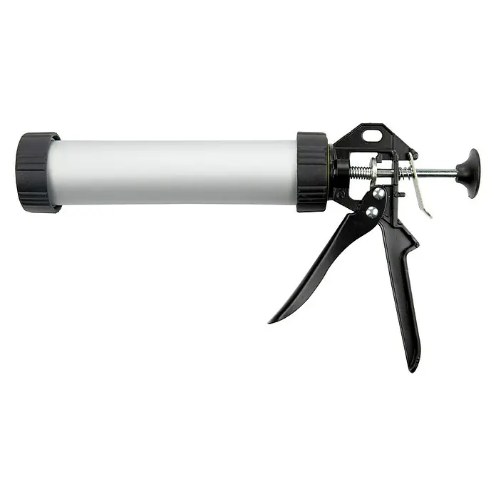 Alpha Tools Kartuschenpressen-Set - 5 -tlg. - Eine Detailaufnahme einer Kartuschenpistole, die für die Verarbeitung von Silikon oder Acryl verwendet wird. Sie hat einen schwarzen Griff und einen weißen Behälter.