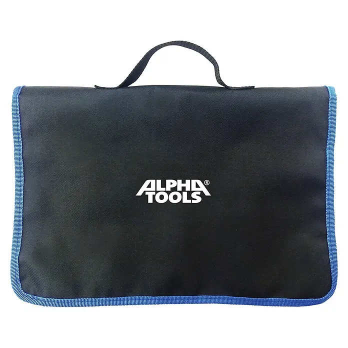 Alpha Tools Schraubendreher-Set - 70 -tlg. - Eine schwarze Werkzeugtasche von ALPHA TOOLS mit blauem Rand und Tragegriff, ideal zur Aufbewahrung und zum Transport von Werkzeugen.