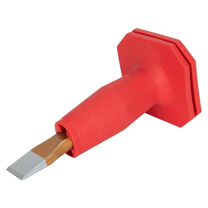 Wisent Handschutzgriff - Material: Gummi - Nahaufnahme eines roten Meißels mit Handschutz. Das Werkzeug ist scharf und für präzise Arbeiten konzipiert.