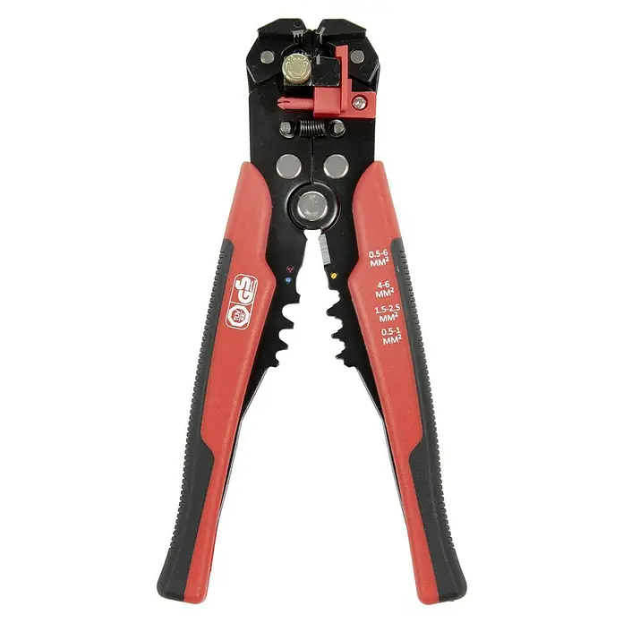 Alpha Tools Zangen-Set - 20 cm - Abisolierzange mit roten und schwarzen Griffen. Das Werkzeug ist zum Abisolieren von Drähten verschiedener Größen geeignet.