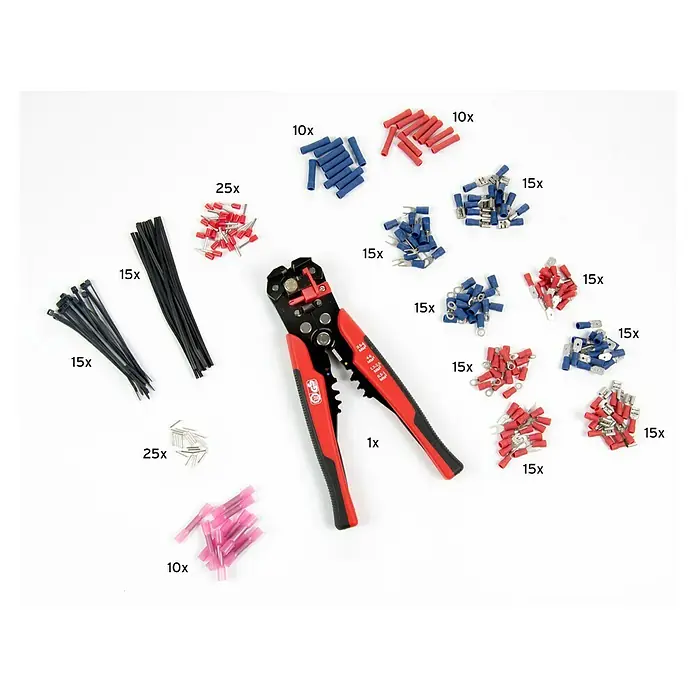 Alpha Tools Zangen-Set - 20 cm - Eine Zange und verschiedene Arten von Kabelschuhen und Kabelbindern in verschiedenen Größen und Farben.