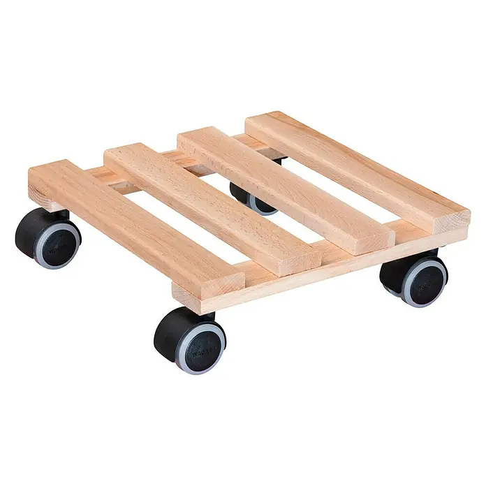 Wagner System Pflanzenroller Classic Soft - Quadratisch, Buche, Max. Belastung: 100 kg - Ein rollbarer Pflanzenuntersetzer aus hellem Holz mit vier schwarzen Rollen, ideal für den einfachen Transport von Topfpflanzen.