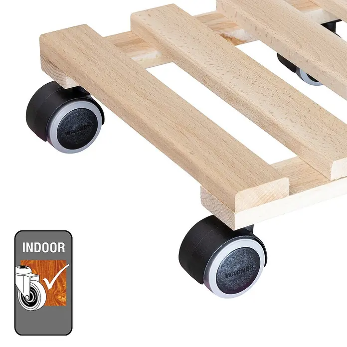 Wagner System Pflanzenroller Classic Soft - Quadratisch, Buche, Max. Belastung: 100 kg - Holz-Pflanzenroller für den Innenbereich mit schwarzen Rollen und einer hellen Holzoberfläche. Praktisch und stilvoll für Zimmerpflanzen.