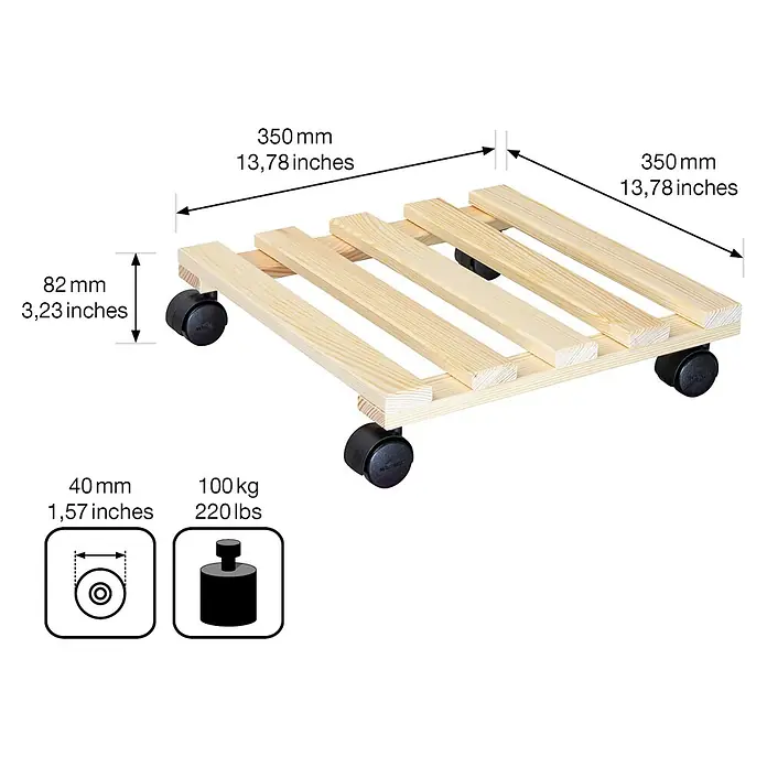 Wagner System Pflanzenroller Basic - 35 x 35 cm, Max. Belastung: 100 kg, Kiefer - Abbildung eines Pflanzenroller aus Holz mit den Maßen 350mm x 350mm und einer Höhe von 82mm, ausgestattet mit 4 Rollen für den einfachen Transport.