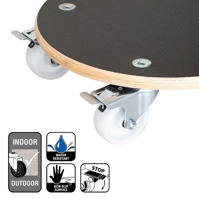 Wagner System Pflanzenroller XXL Grip - 38 cm, Max. Belastung: 250 kg - Eine Detailaufnahme eines runden Möbelrollers mit Feststellbremse und den Symbolen für Innen- und Außenbereich, wasserabweisend und rutschfest.