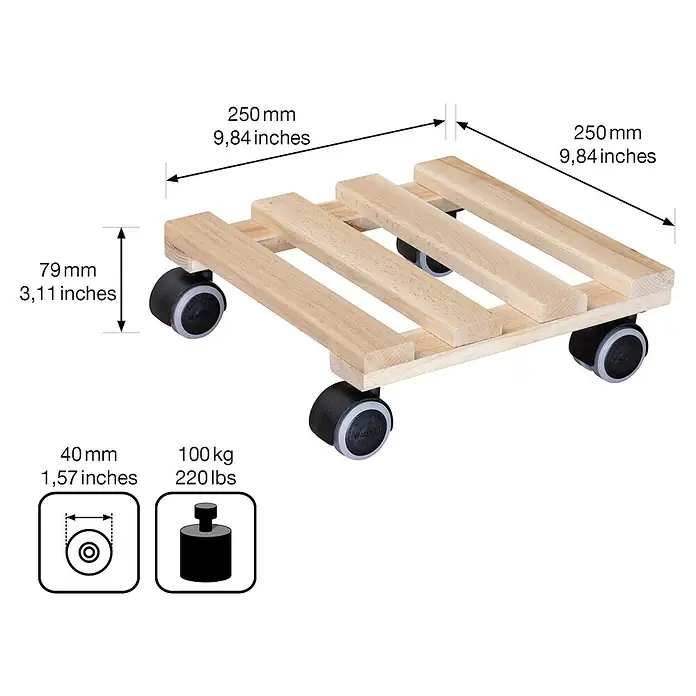 Wagner System Pflanzenroller Classic Soft - Quadratisch, Buche, Max. Belastung: 100 kg - Eine Pflanzenroller-Konstruktion aus Holz mit Abmessungen und Gewichtsangaben für den sicheren Transport von Pflanzen.