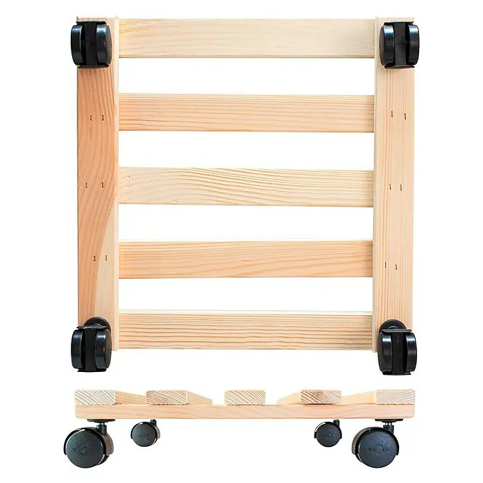 Wagner System Pflanzenroller Basic - 35 x 35 cm, Max. Belastung: 100 kg, Kiefer - Das Bild zeigt einen rollbaren Pflanzenuntersetzer aus Holz mit vier Rollen. Perfekt für den Innenbereich, um Pflanzen leicht zu bewegen.