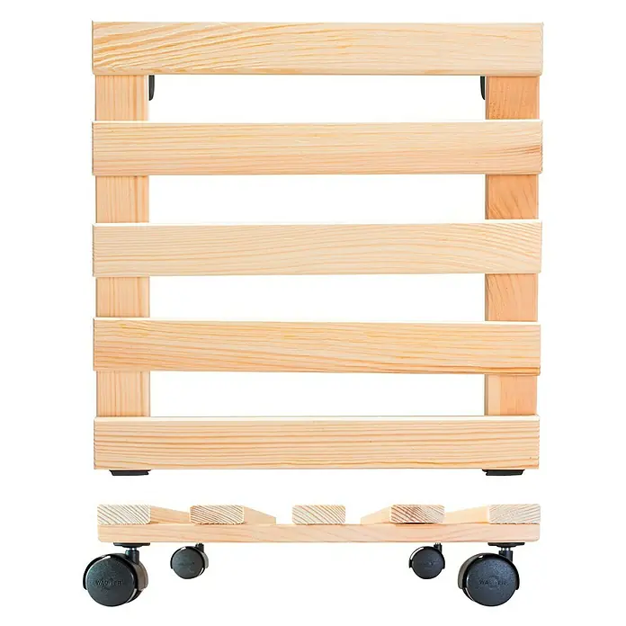 Wagner System Pflanzenroller Basic - 35 x 35 cm, Max. Belastung: 100 kg, Kiefer - Das Bild zeigt einen hölzernen Pflanzenroller mit einem passenden Pflanzkastenaufsatz, ideal für den flexiblen Einsatz im Garten oder im Haus.