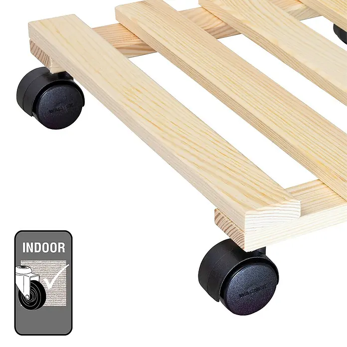 Wagner System Pflanzenroller Basic - 35 x 35 cm, Max. Belastung: 100 kg, Kiefer - Rollbrett aus hellem Holz mit schwarzen Rollen, geeignet für den Innenbereich. Praktischer Helfer für den Alltag.