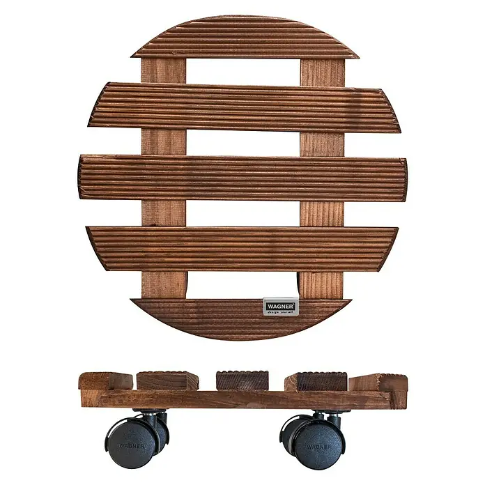Wagner System Pflanzenroller Andaluz - Holz, Palisander, Max. Belastung: 100 kg - Produktabbildung eines runden, braunen Pflanzenrollers aus Holz mit Rollen und dem "Wagner"-Logo.