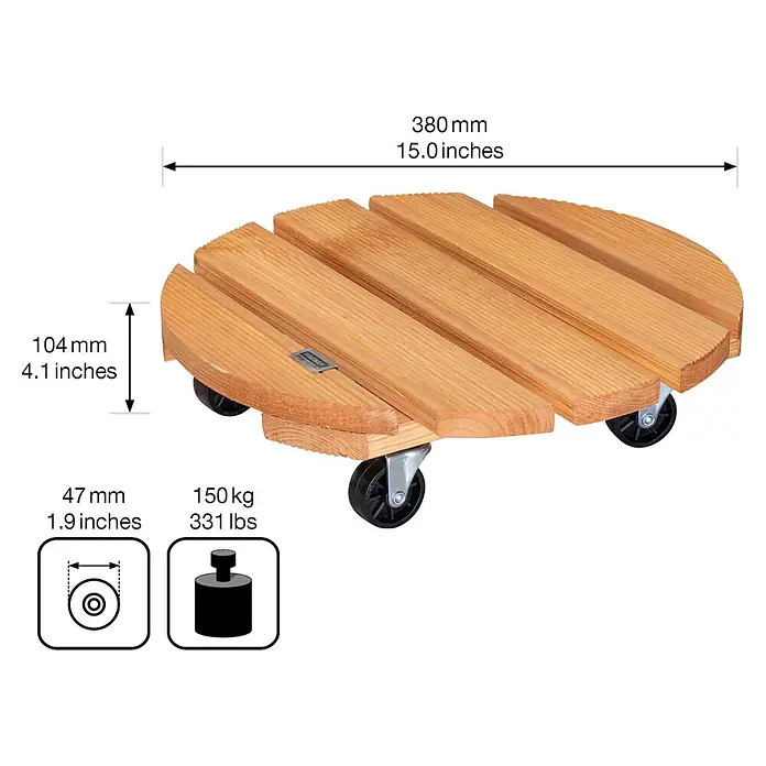Wagner System Pflanzenroller Florenz - Durchmesser: 37,5 cm, Kiefer - Rolluntersetzer aus Holz mit Abmessungen und Gewichtsbegrenzungen für den einfachen Transport von Pflanzgefäßen.