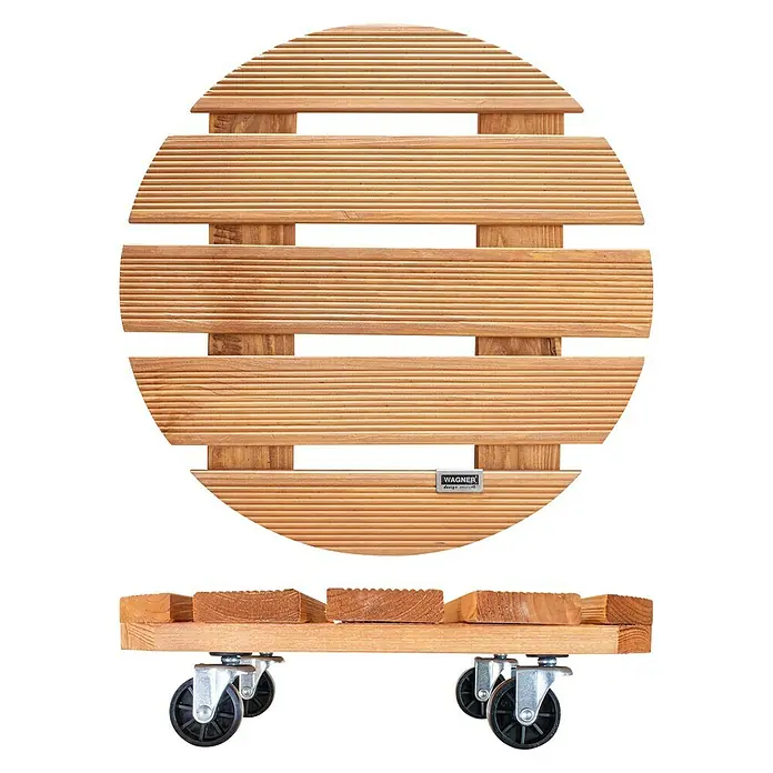 Wagner System Pflanzenroller Florenz - Durchmesser: 37,5 cm, Kiefer - Eine hölzerne Pflanzenroller mit einem runden Design und Rollen für einfache Mobilität im Garten oder auf der Terrasse.