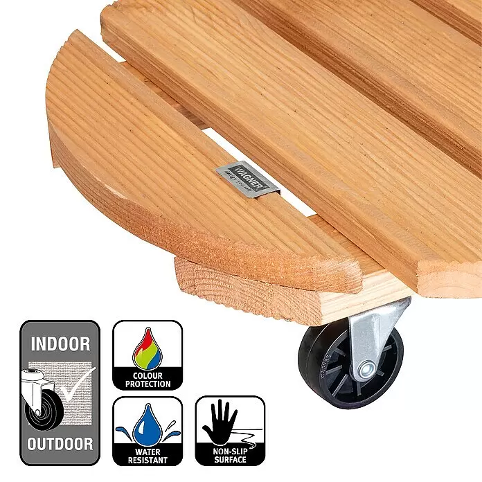 Wagner System Pflanzenroller Florenz - Durchmesser: 37,5 cm, Kiefer - Wagner Pflanzenroller aus hellem Holz mit schwarzen Rollen. Wasserabweisend, farbgeschützt, für Innen- und Außenbereiche.