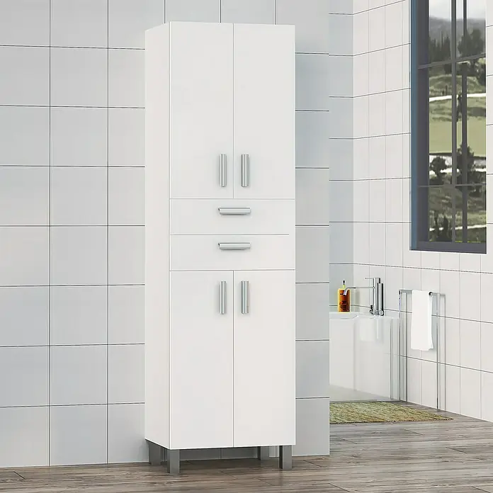 Artysan Armario alto de baño Limón - 37 x 54 x 181 cm, Blanco - Armario de baño blanco con puertas y cajones, un diseño delgado para almacenamiento adicional en el baño moderno.