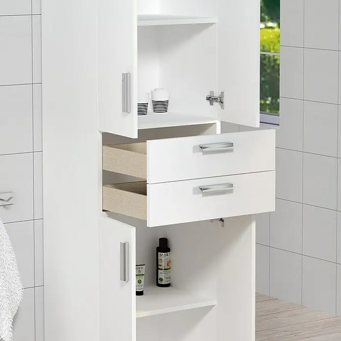 Artysan Armario alto de baño Limón - 37 x 54 x 181 cm, Blanco - Mueble de baño blanco con dos cajones y estantes abiertos, ideal para organizar elementos esenciales y toallas.