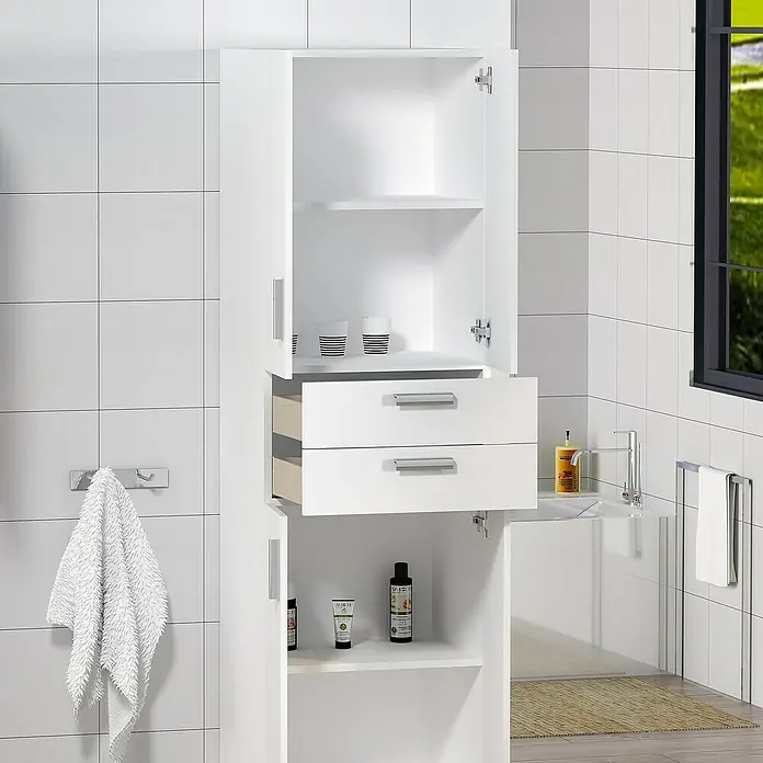 Artysan Armario alto de baño Limón - 37 x 54 x 181 cm, Blanco - Un mueble de baño blanco con puertas y cajones abiertos proporciona almacenamiento y organización en el baño.