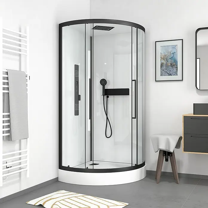 Aurlane Cabina de ducha completa redonda Urban 2 - 90 x 90 x 215 cm, Blanco/Negro - Una cabina de ducha redonda y moderna con marco y accesorios negros, que aporta elegancia y funcionalidad a tu baño.