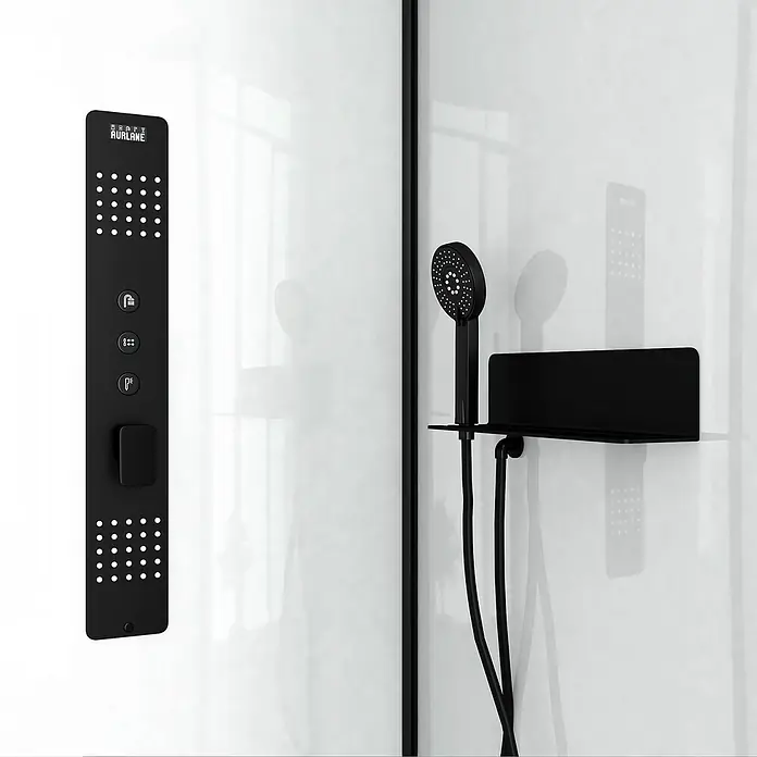 Aurlane Cabina de ducha completa redonda Urban 2 - 90 x 90 x 215 cm, Blanco/Negro - Primer plano de un panel de ducha negro con controles y ducha de mano, destacando un diseño de baño moderno.