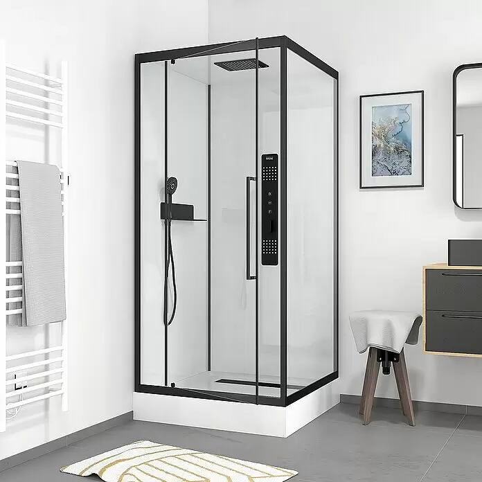 Aurlane Komplettdusche Urban 2 Square - 90 x 90 x 215 cm, Weiß/Schwarz - Moderne schwarzgerahmte Duschkabine mit Klarglas und weißer Basis in einem zeitgenössischen Badezimmer.