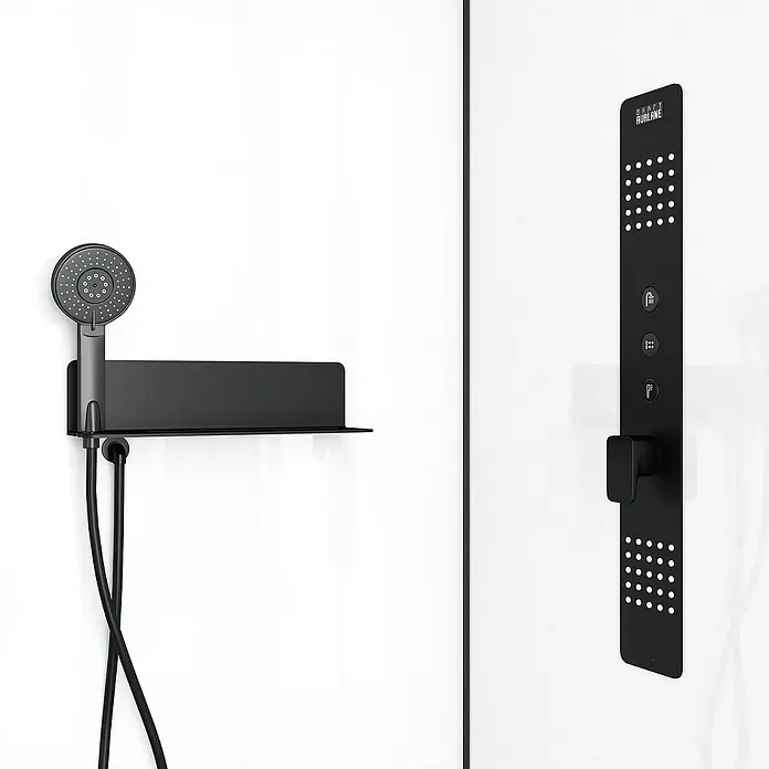 Aurlane Komplettdusche Urban 2 Square - 90 x 90 x 215 cm, Weiß/Schwarz - Schwarze Duscharmatur mit Handbrause und Bedienfeld an einer weißen Wand.