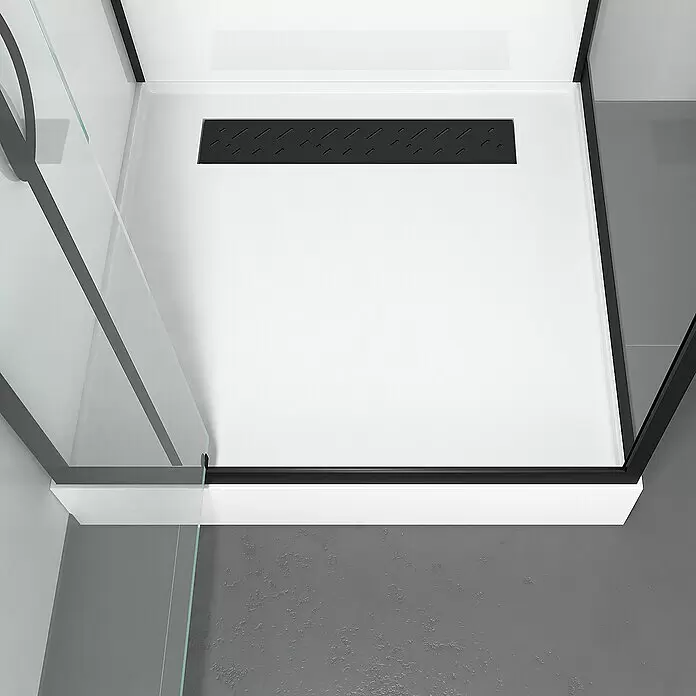 Aurlane Komplettdusche Urban 2 Square - 90 x 90 x 215 cm, Weiß/Schwarz - Weiße Duschwanne mit schwarzem Linienablauf und schwarzem Rahmen für eine moderne Duschkabine.