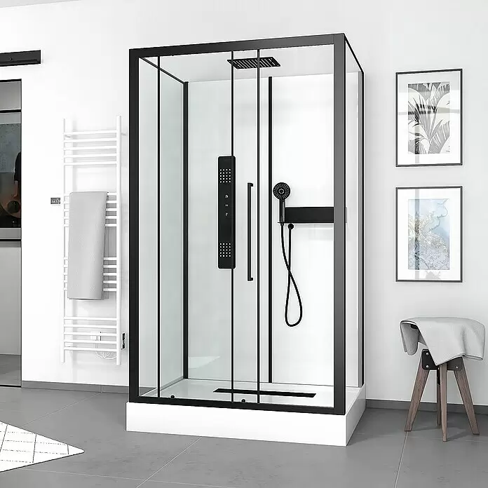 Aurlane Komplettdusche Urban 2 Front - 90 x 115 x 215 cm, Weiß/Schwarz - Moderne schwarz gerahmte Duschkabine mit Klarglas und schwarzem Duschpaneel, in einem Badezimmer.
