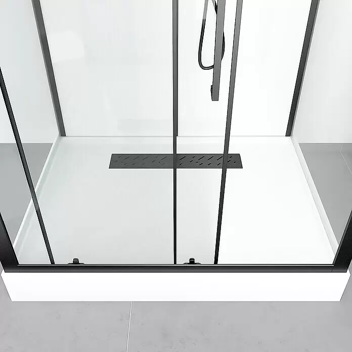 Aurlane Komplettdusche Urban 2 Front - 90 x 115 x 215 cm, Weiß/Schwarz - Moderne Duschkabine mit schwarzem Rahmen, klaren Glaspaneelen, weißer Duschwanne und schwarzem Linienablauf.