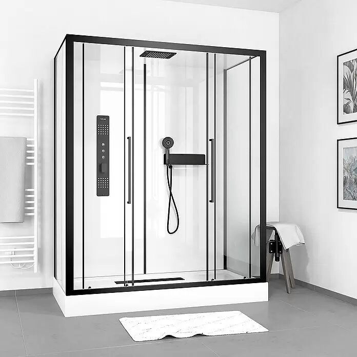 Aurlane Komplettdusche Urban 2 XXL - 85 x 160 x 217 cm, Weiß/Schwarz - Moderne Duschkabine mit schwarzem Rahmen, Klarglas und schwarzen Armaturen. Mit Kopf- und Handbrause.