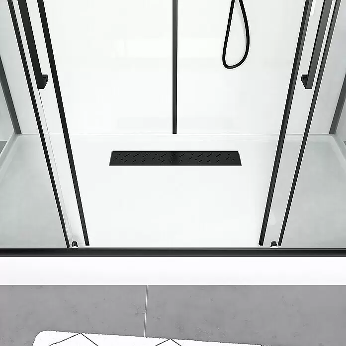 Aurlane Komplettdusche Urban 2 XXL - 85 x 160 x 217 cm, Weiß/Schwarz - Moderne Duschkabine mit eleganten schwarzen Rahmen und schwarzem Linienablauf auf weißer Duschwanne, von oben gesehen.