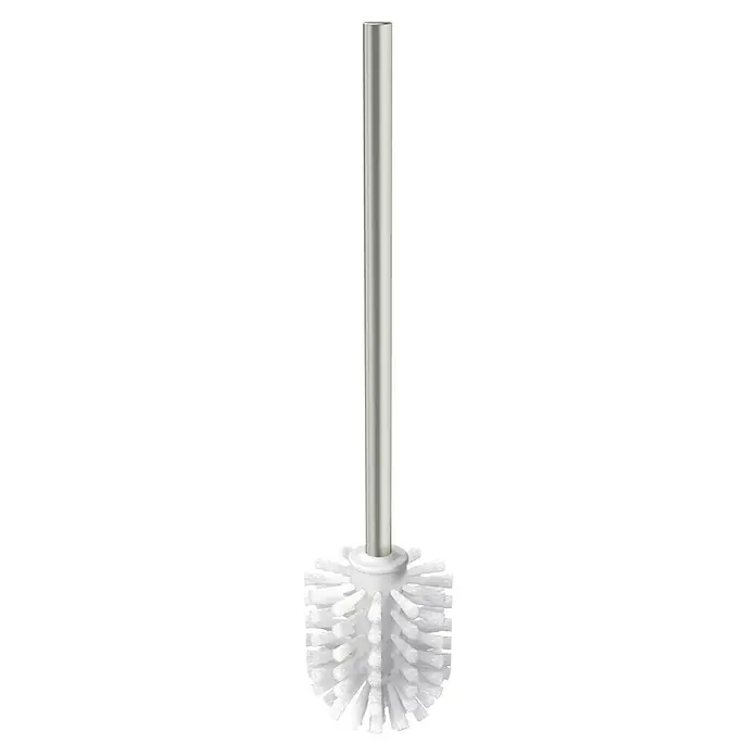 Lenz Pearl Ersatzbürste - Mit Rohr, Nickel - Eine Toilettenbürste mit weißem Bürstenkopf und langem, silberfarbenem Griff, ideal für die Badreinigung.