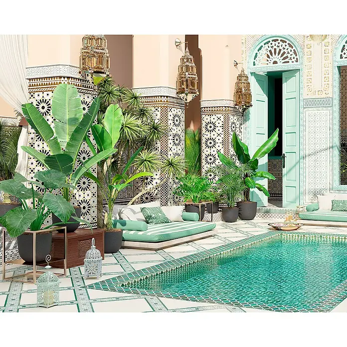 Artevasi Pflanztopf Havana Natural - Außenmaß (Ø x H): 30 x 24,9 cm, Kunststoff, Vulkan - Eine üppige Innenhofszene mit einem türkisfarbenen Pool, exotischen Pflanzen und orientalischem Dekor, die zum Entspannen einlädt.