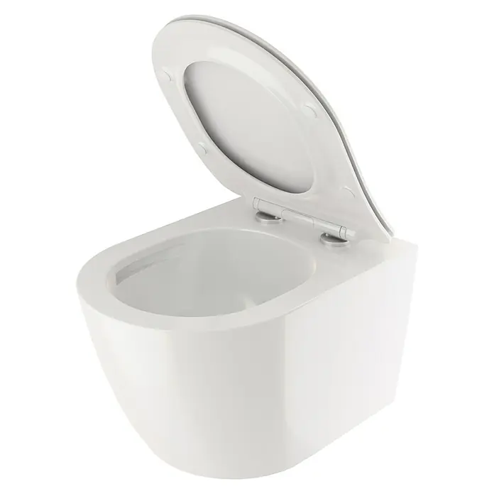 Camargue Paris Wand-WC-Set 2.0 Power-Flush - Spülrandlos, Ohne Spezialglasur, Spülform: Tief, WC Abgang: Waagerecht, Weiß - Nahaufnahme einer hängenden, weißen Toilette mit geöffnetem Deckel vor schwarzem Hintergrund. Elegantes und modernes Design.