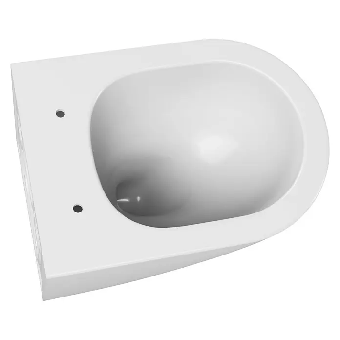 Camargue Paris Wand-WC-Set 2.0 Power-Flush - Spülrandlos, Ohne Spezialglasur, Spülform: Tief, WC Abgang: Waagerecht, Weiß - Detailaufnahme einer weißen Wand-Toilette mit Fokus auf Form & Montagebohrungen. Ideal für moderne Badezimmergestaltung.