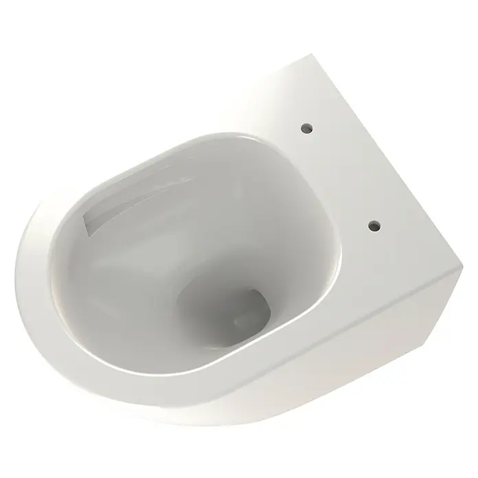 Camargue Paris Wand-WC-Set 2.0 Power-Flush - Spülrandlos, Ohne Spezialglasur, Spülform: Tief, WC Abgang: Waagerecht, Weiß - Nahaufnahme einer weißen, wandhängenden Toilette mit abgerundeten Kanten und Befestigungslöchern.