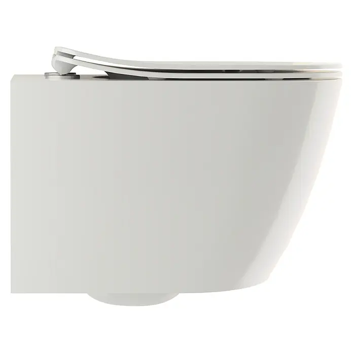 Camargue Paris Wand-WC-Set 2.0 Power-Flush - Spülrandlos, Ohne Spezialglasur, Spülform: Tief, WC Abgang: Waagerecht, Weiß - Seitenansicht einer modernen, weißen Hänge-Toilette mit sanft schließendem Sitz. Das Keramikdesign zeichnet sich durch klare Linien aus.