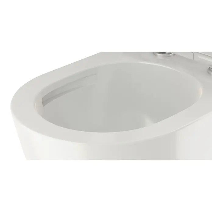 Camargue Paris Wand-WC-Set 2.0 Power-Flush - Spülrandlos, Ohne Spezialglasur, Spülform: Tief, WC Abgang: Waagerecht, Weiß - Nahaufnahme einer weißen Toilette, die ein sauberes und modernes Design für jedes Badezimmer zeigt. Die glatte Oberfläche unterstreicht die Hygiene.