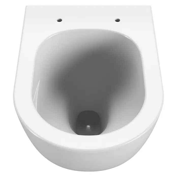 Camargue Paris Wand-WC-Set 2.0 Power-Flush - Spülrandlos, Ohne Spezialglasur, Spülform: Tief, WC Abgang: Waagerecht, Weiß - Nahaufnahme einer weißen wandhängenden Toilette mit zwei Löchern oben, präsentiert die Sanitärkeramik und das minimalistische Design.