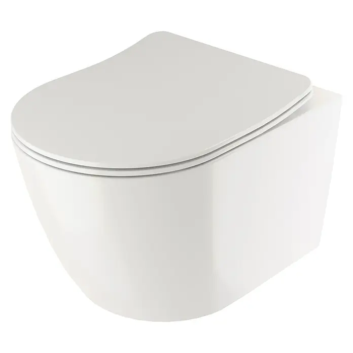 Camargue Paris Wand-WC-Set 2.0 Power-Flush - Spülrandlos, Ohne Spezialglasur, Spülform: Tief, WC Abgang: Waagerecht, Weiß - Nahaufnahme einer modernen, wandhängenden Toilette in Weiß mit geschlossenem Deckel, ideal für ein minimalistisches Badezimmerdesign.