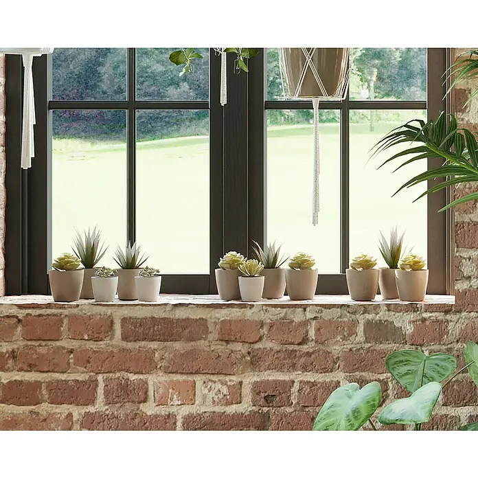 Artevasi San Remo Übertopf rund Matt - Außenmaß (Ø x H): 12 x 11,5 cm, Kunststoff, Weiß - Zimmerpflanzen in Töpfen auf einer Fensterbank mit Backsteinmauer.
