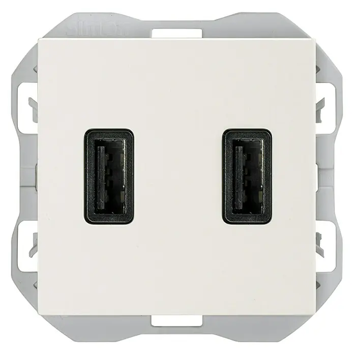 Simon 270 Toma USB - Blanco, x 2, Plástico, Colocar - Primer plano de un enchufe de pared USB doble blanco con marco gris. Práctico para cargar dispositivos electrónicos.