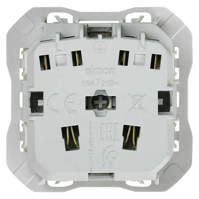 Simon 270 Enchufe - Blanco, 16 A, Colocar - Primer plano de un interruptor de luz Simon 16A/250V, mostrando el marcado CE, el símbolo de eliminación y la certificación EAC en la parte posterior.