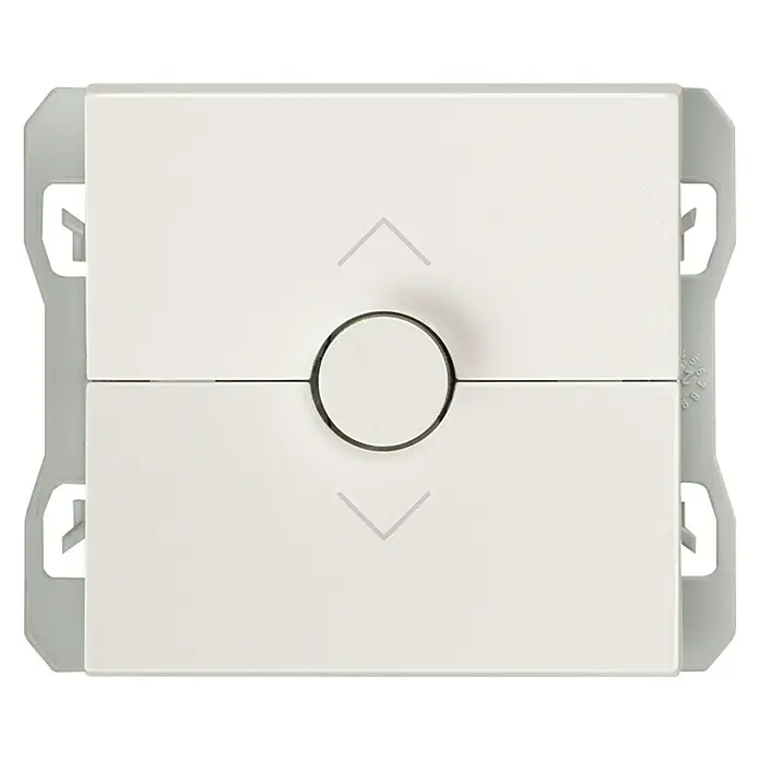 Simon 270 Interruptores para persianas - Blanco, Mate, Montaje en superficie - Un interruptor blanco para persianas con flechas arriba y abajo, y un dial giratorio para un control fácil. Ideal para espacios modernos.