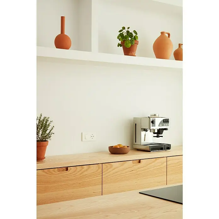Simon 270 Combinación de interruptores + enchufe - x 2, Vertical, Blanco, Colocar, IP20 - Decoración minimalista de cocina con una moderna máquina de espresso sobre una superficie de madera clara, complementada con plantas y jarrones de terracota.