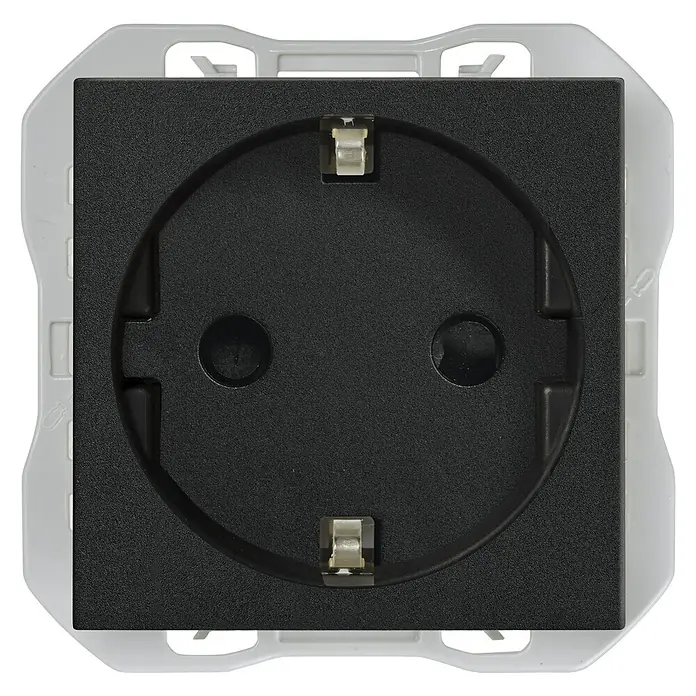Simon 270 Enchufe - Negro, 16 A, Colocar - Primer plano de un enchufe Schuko con una placa frontal negra y un marco gris, diseñado para el mercado europeo.