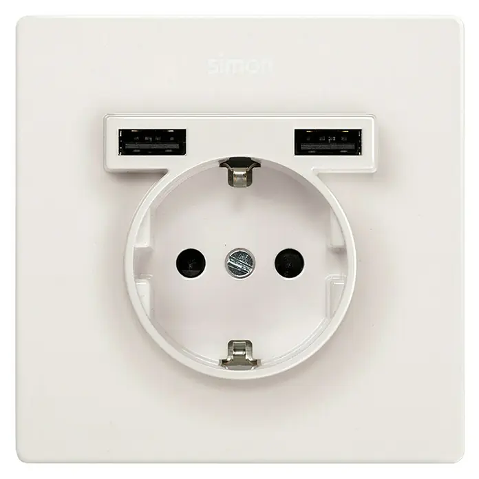 Simon 270 Enchufe con USB - Blanco, 16 A - Primer plano de un enchufe Simon blanco con puertos USB duales, que combina funcionalidad moderna con diseño elegante.
