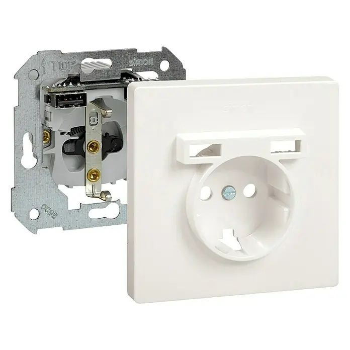 Simon 270 Enchufe con USB - Blanco, 16 A - Enchufe blanco Simon con puerto USB, ideal para hogares y oficinas modernas. Fácil instalación y diseño elegante para cualquier pared.
