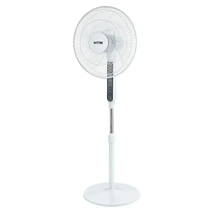 HTW Ventilador de pie SF4035 - Blanco, 44,7 cm, 130 cm - Aquí hay un ventilador de pie con base redonda. El ventilador es blanco con detalles plateados y tiene controles digitales.