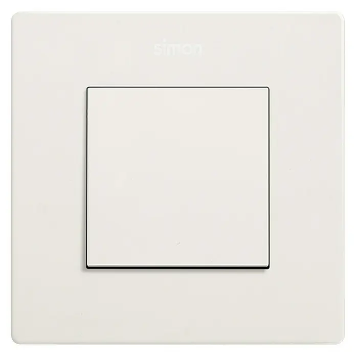 Simon 270 Cruzamiento - Blanco, 10 A, Colocar - Tapa de interruptor de luz Simon blanca. La imagen muestra una tapa de interruptor de luz blanca cuadrada con la marca "Simon" en la parte superior central.