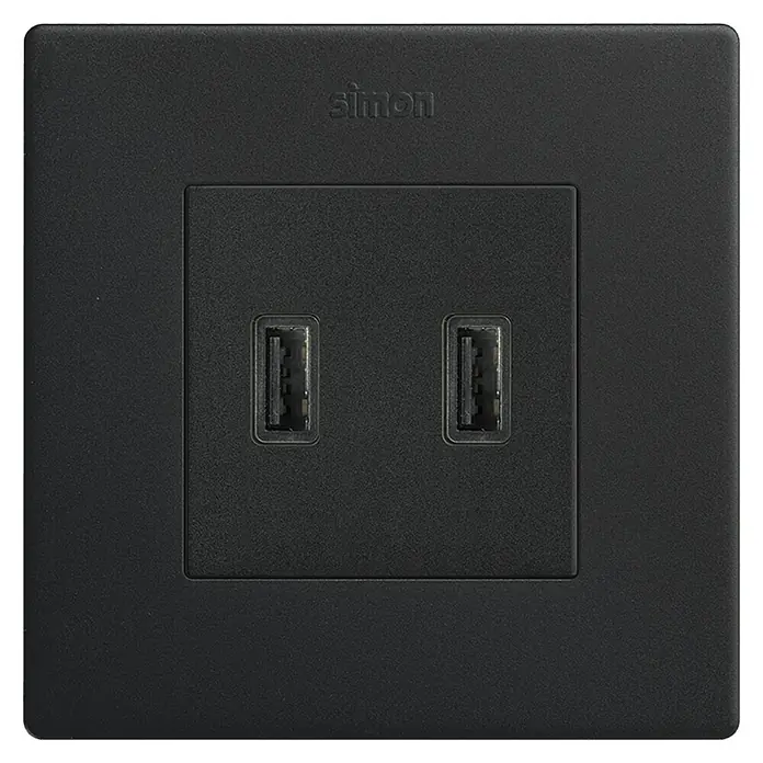 Simon 270 Toma USB - Negro, x 2, Plástico, Colocar - Enchufe de pared USB doble negro Simon, con un diseño elegante para una carga rápida y cómoda del dispositivo. Un complemento elegante para cualquier hogar moderno.