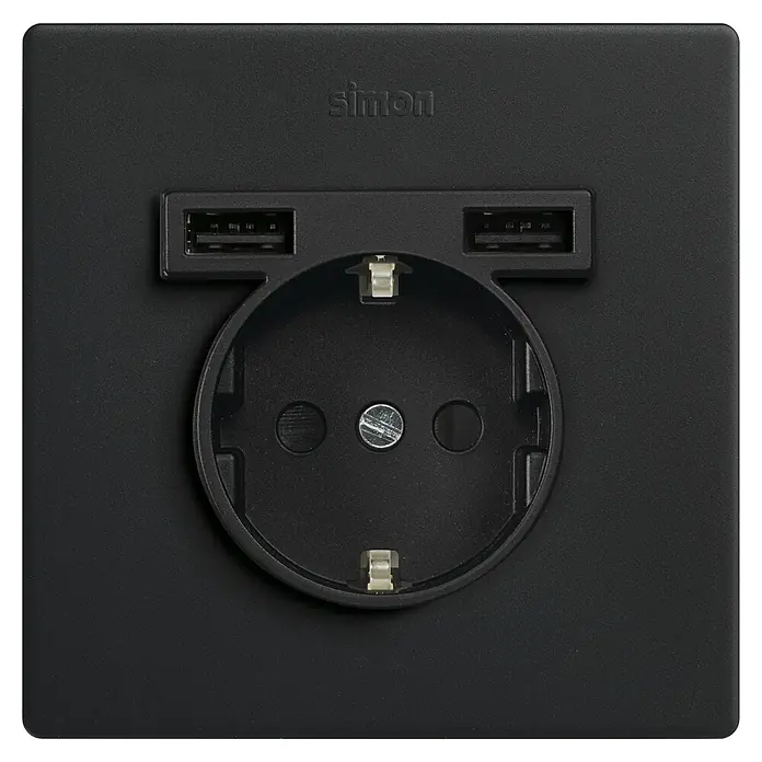 Simon 270 Enchufe con USB - Negro, 16 A - Un enchufe negro Simon con dos puertos USB para cargar dispositivos electrónicos. Práctico y moderno.